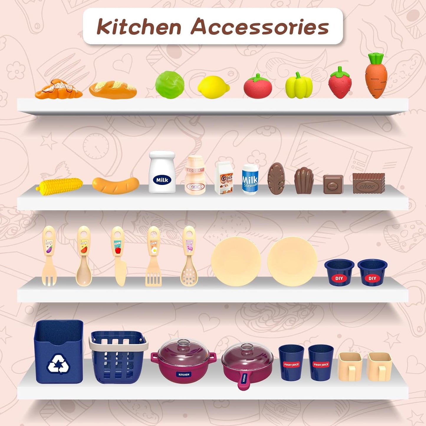 deAO Red Kids Kitchen Playset with Light, Steam, Water