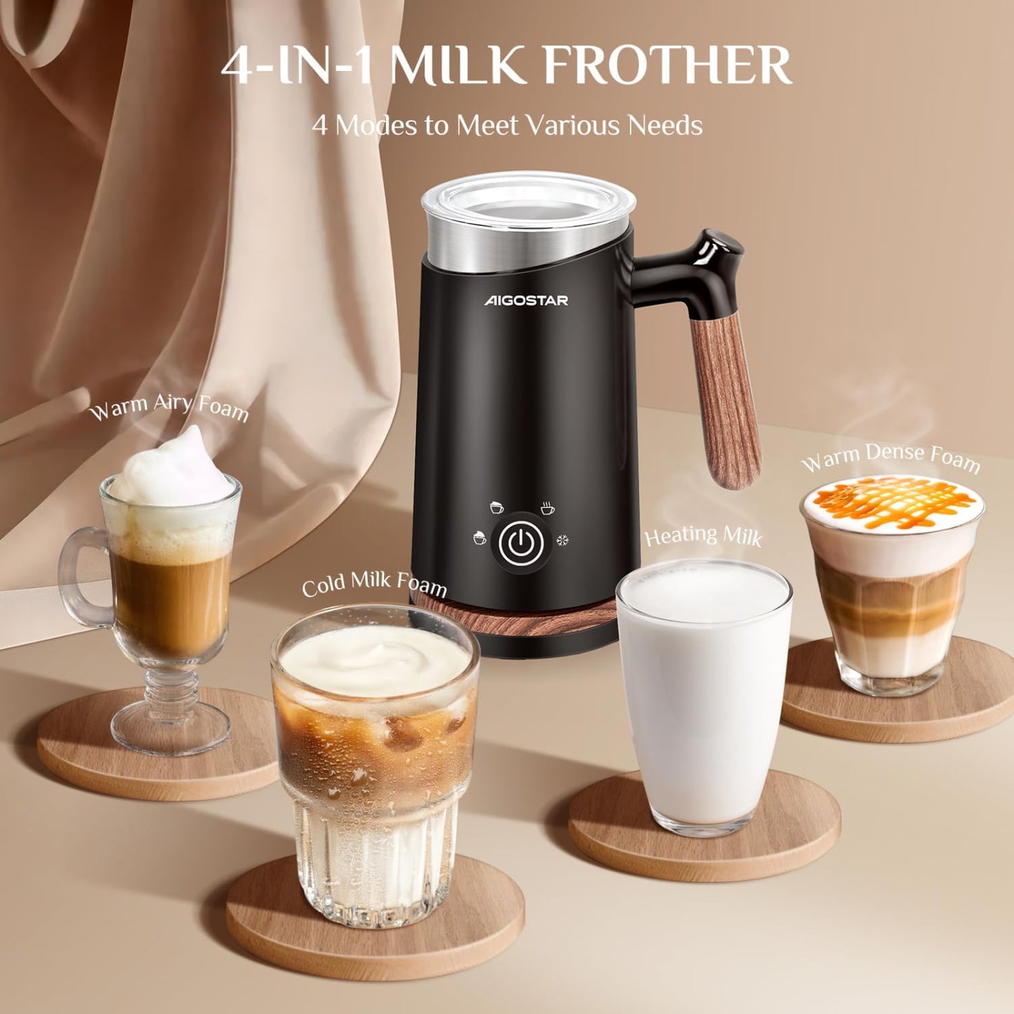 Aigostar Automatic Milk Frother and Warmer, Electric Steamer for Creamy Coffee