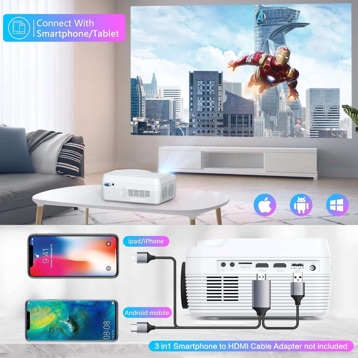 Dxyiitoo 12000 Lumen Full HD Bluetooth Projector with DVD Player