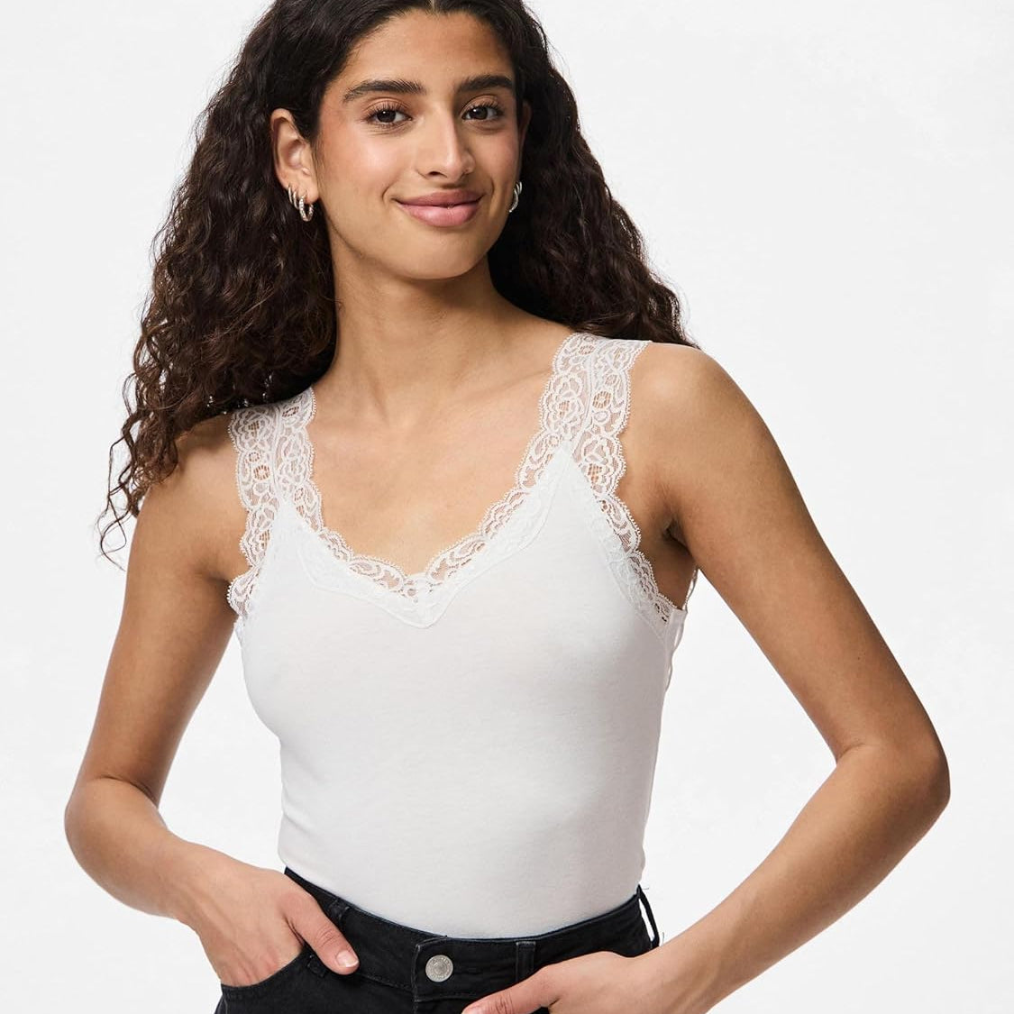 Basic Women's V-Neck Lace Top Soft Viscose Blend Bright White