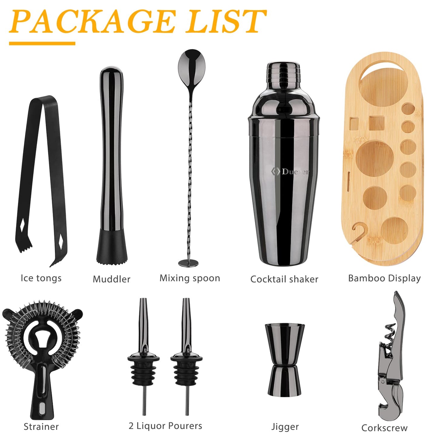 Premium Duerer 11-Piece Black Cocktail Bartender Kit with Bamboo Stand