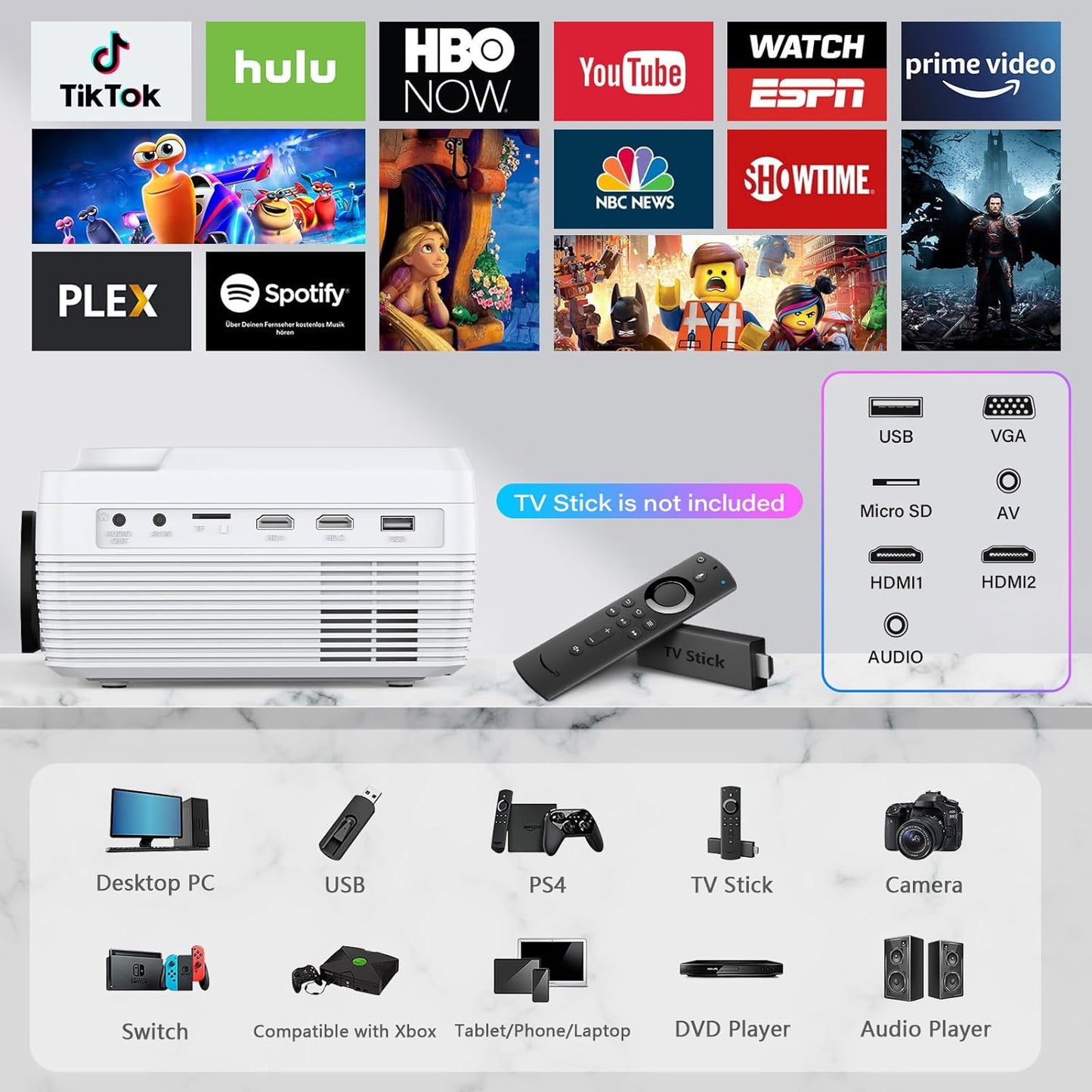 Dxyiitoo 12000 Lumen Full HD Bluetooth Projector with DVD Player