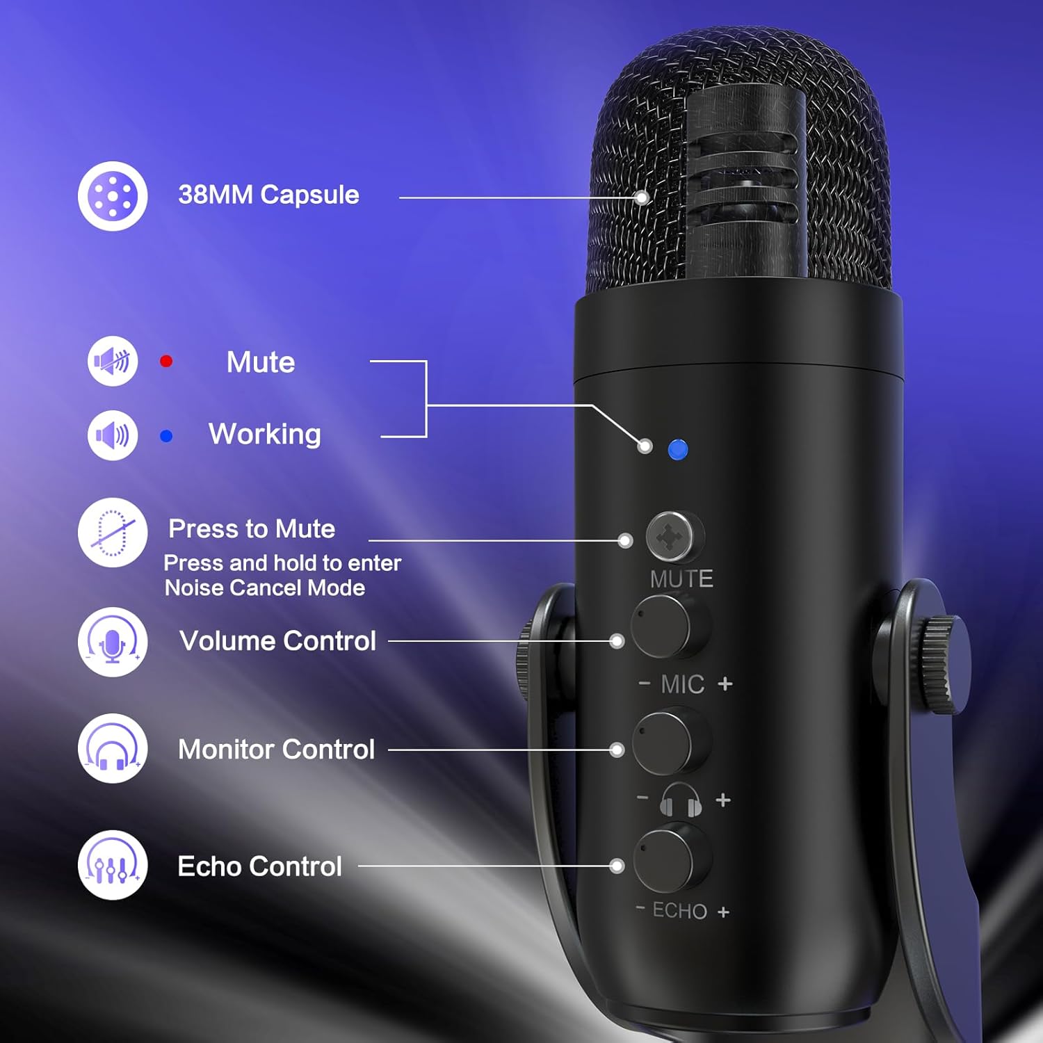 ZealSound K66 USB Condenser Microphone with Adjustable Gain, 360° Rotatable