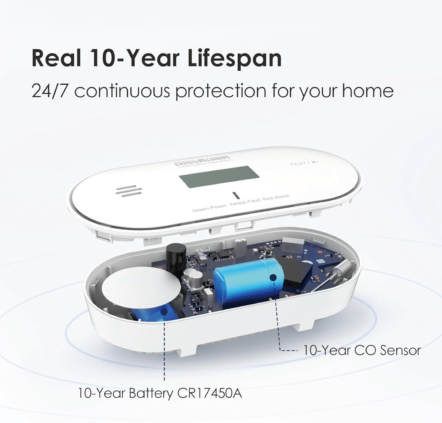 Digital Carbon Monoxide Detector: 10-Year Battery, LCD Display, Temp & Humidity