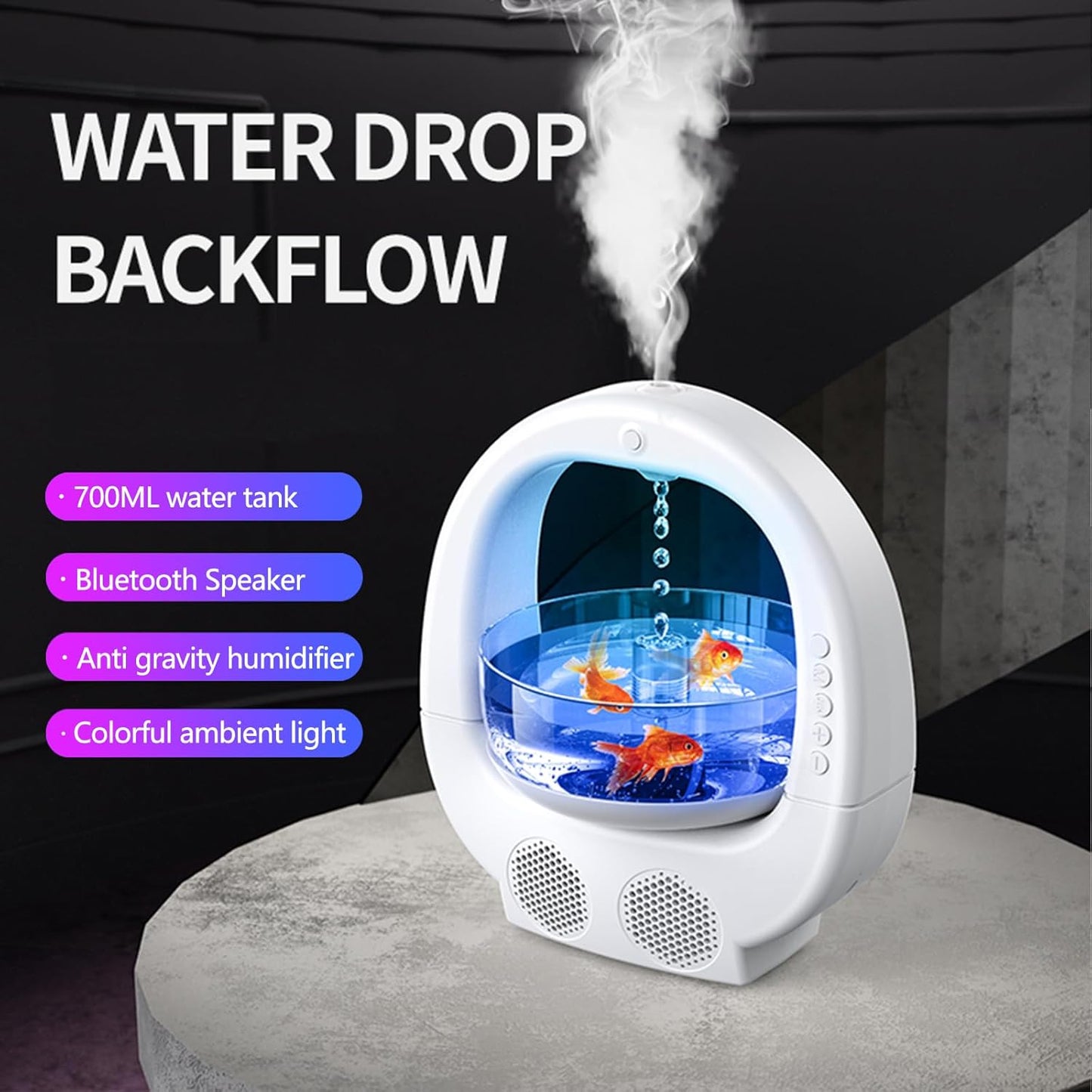 Anti-Gravity Humidifier with Fish Tank, 7-Color Night Light & Bluetooth Speaker