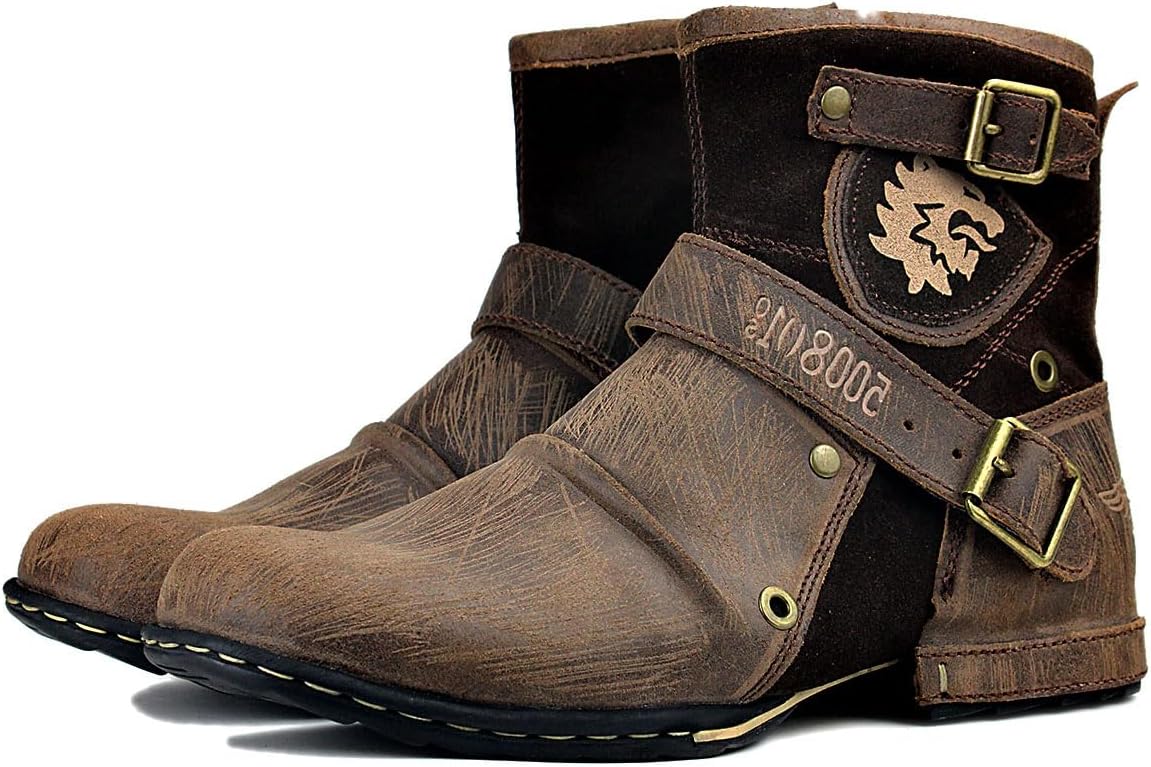 OSSTONE Men's Moto Leather Boots with Side Zipper