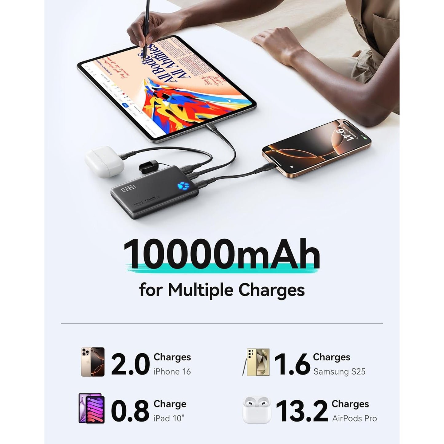 INIU Slim 10000mAh 45W PD Power Bank – Fast USB‑C, Beige