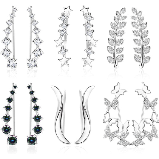 CASSIECA 6 Pairs Leaf Earring Cuff Ear Climber Cubic Zirconia Stud for Women Girls Butterfly Star CZ Ear Vine Wrap Stud Earring