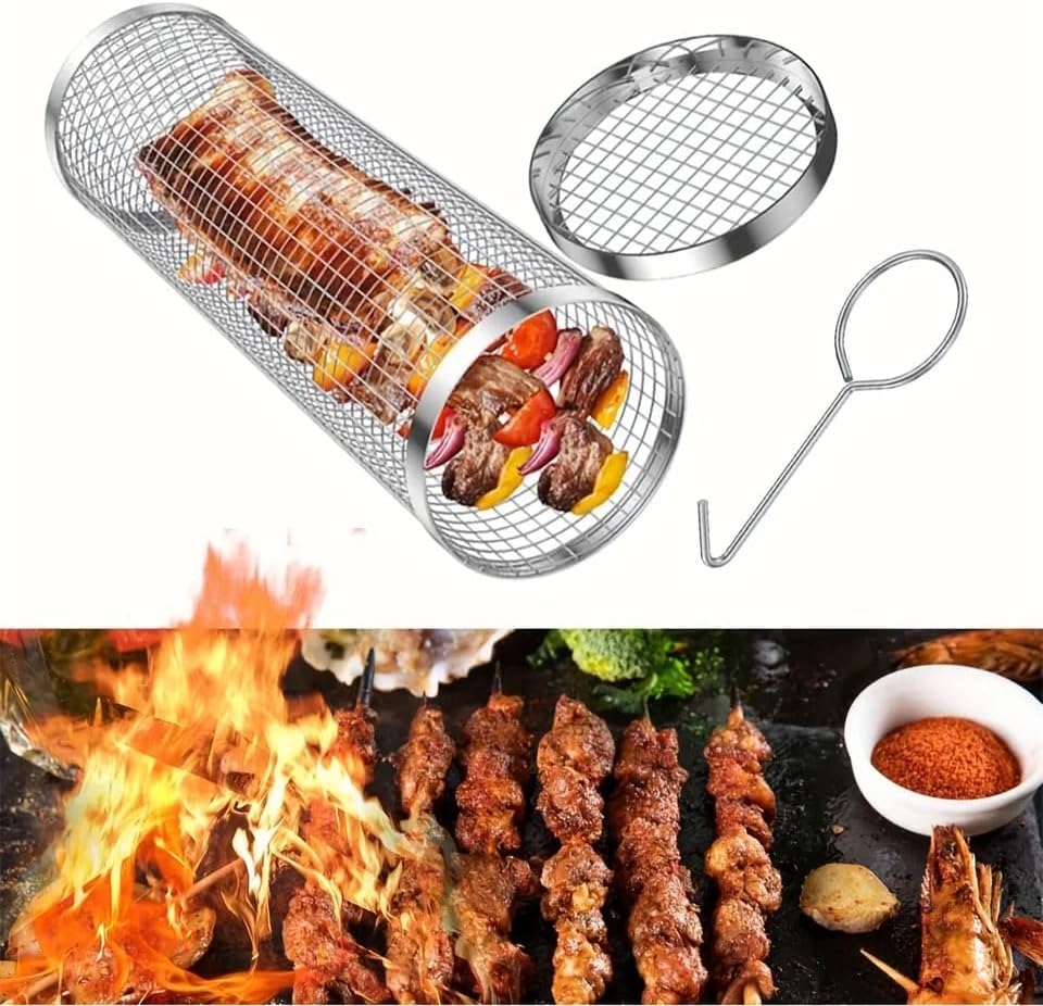Stainless Steel Rolling Grill Basket for Outdoor Cooking, Multi-Functional