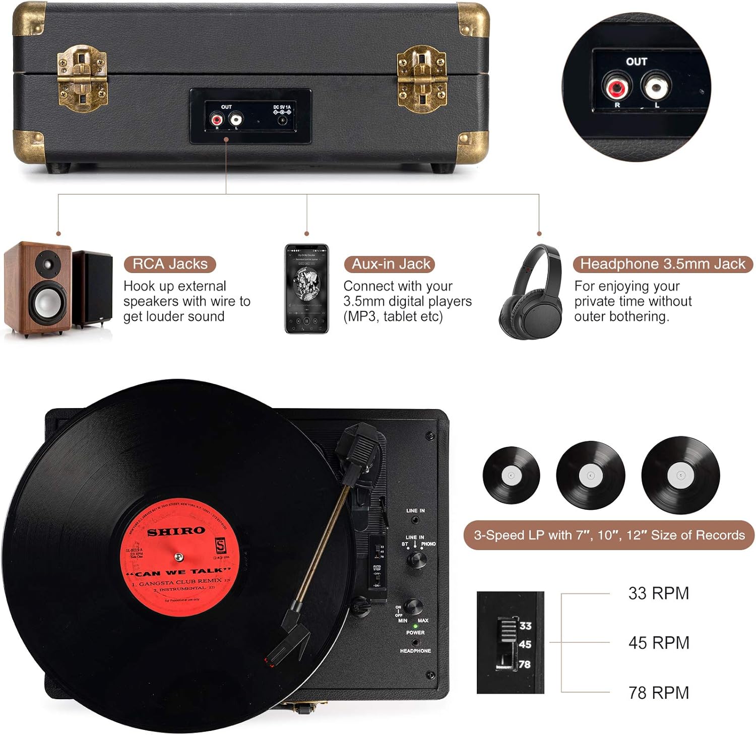 Retrolife Portable 3-Speed Bluetooth Belt-Driven Vinyl Turntable with Built-in Speakers