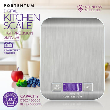 PORTENTUM Digital Kitchen Scale, 11lb Stainless Steel, Precise Food Scale