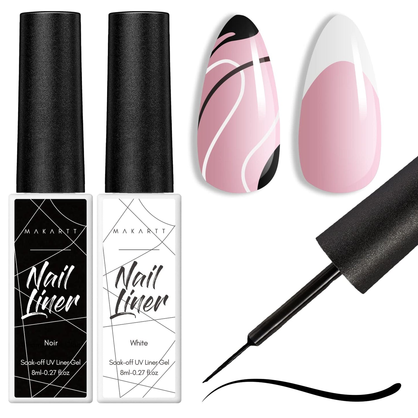 Makartt Pro Gel Nail Liner Set: White & Black, Precision Brush