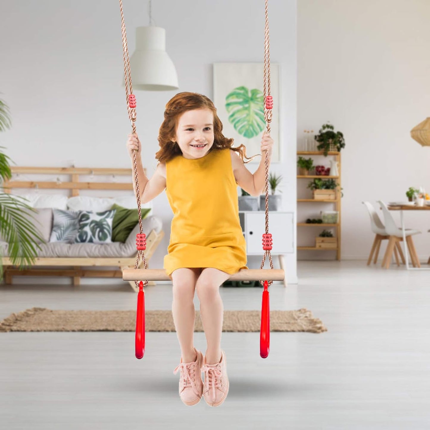 Durable Red Wooden Trapeze Swing with Adjustable Rope Rings