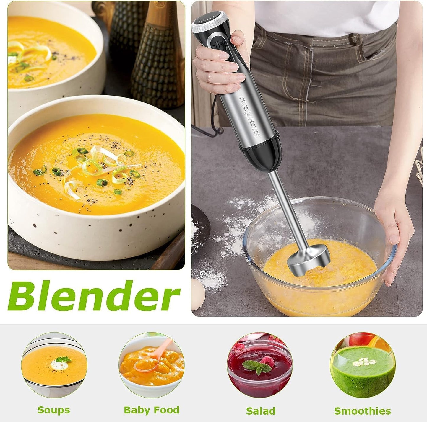 Bonsenkitchen 1000W 2-in-1 Hand Blender with Whisk Stainless Steel