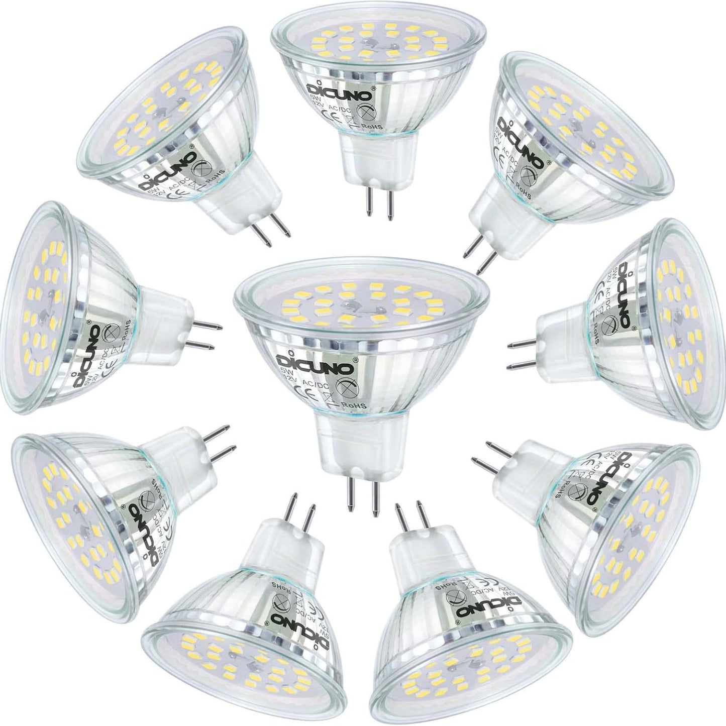 DiCUNO 5W MR16 LED Bulb 6000K Daylight White GU5.3 10-Pack
