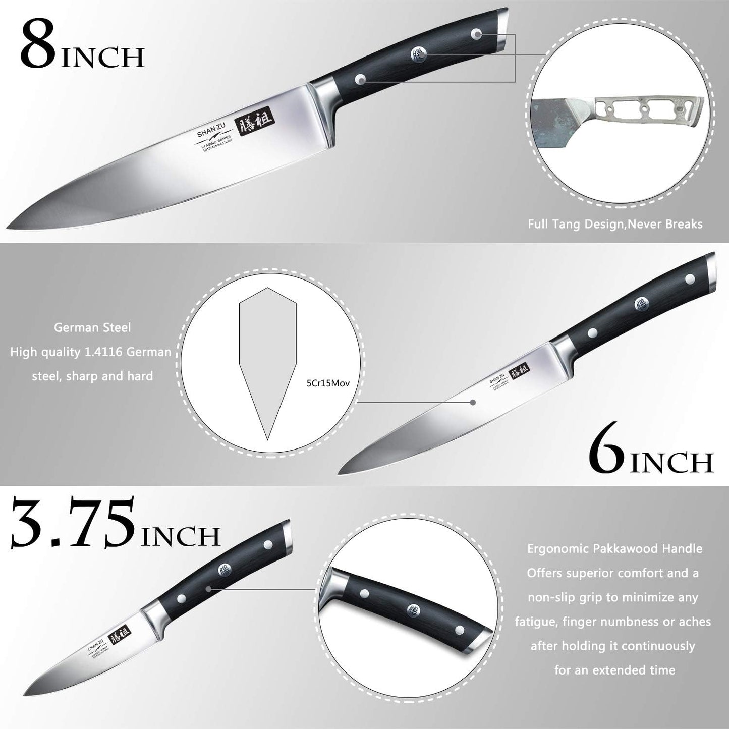 SHAN ZU Professional German Stainless Steel 3-Piece Chef, Utility, Paring Knife Set