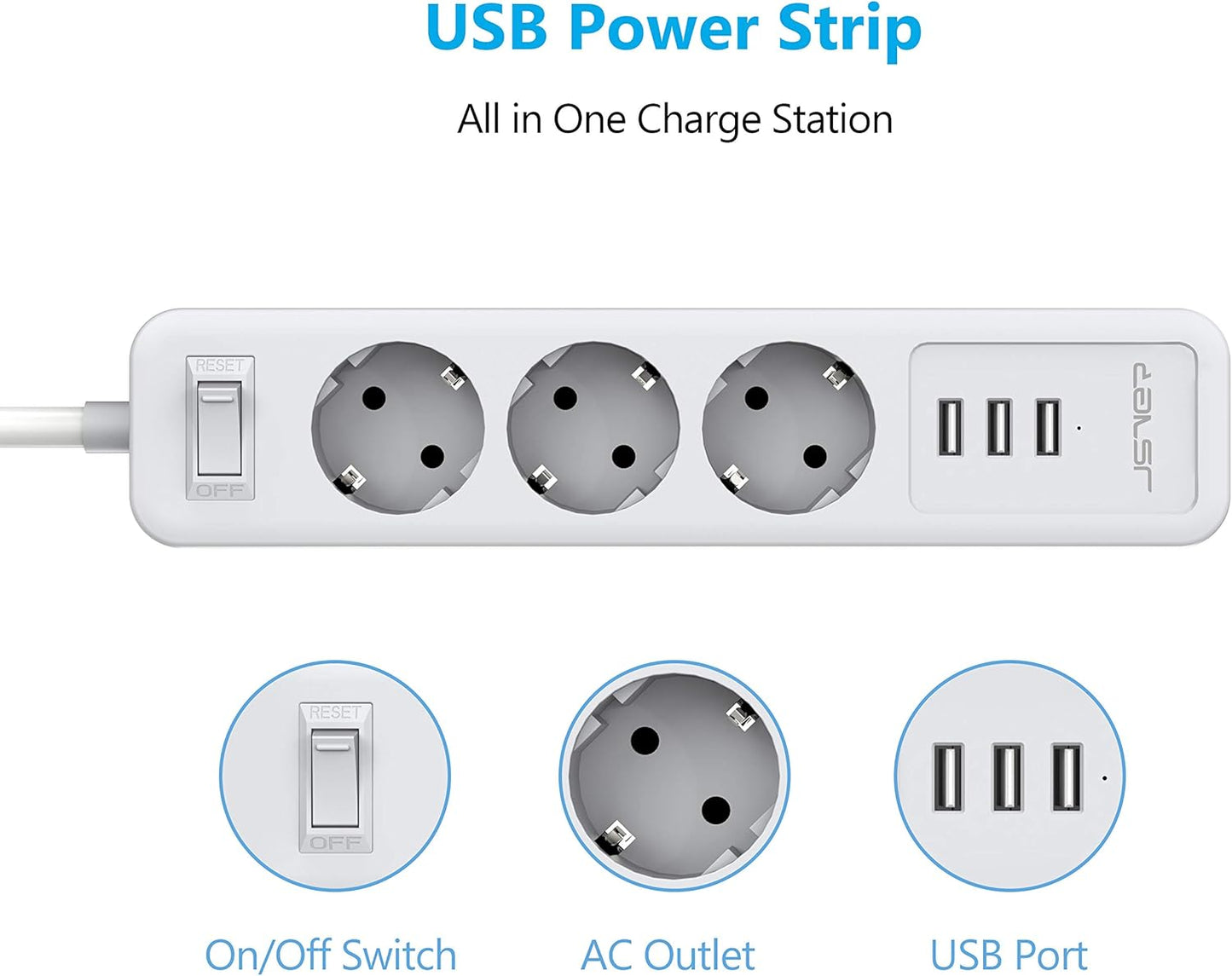 JSVER Strip with 3 Outlets, 3 USB Ports, 2m Cable