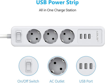 JSVER Strip with 3 Outlets, 3 USB Ports, 6m Cable - Gomix Brands Outlet