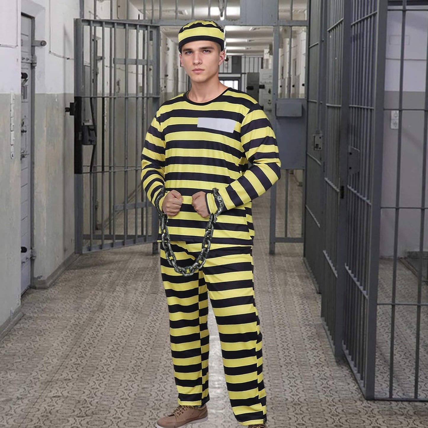 Orange Prisoner Jumpsuit Adult Costume with Hat and Handcuffs