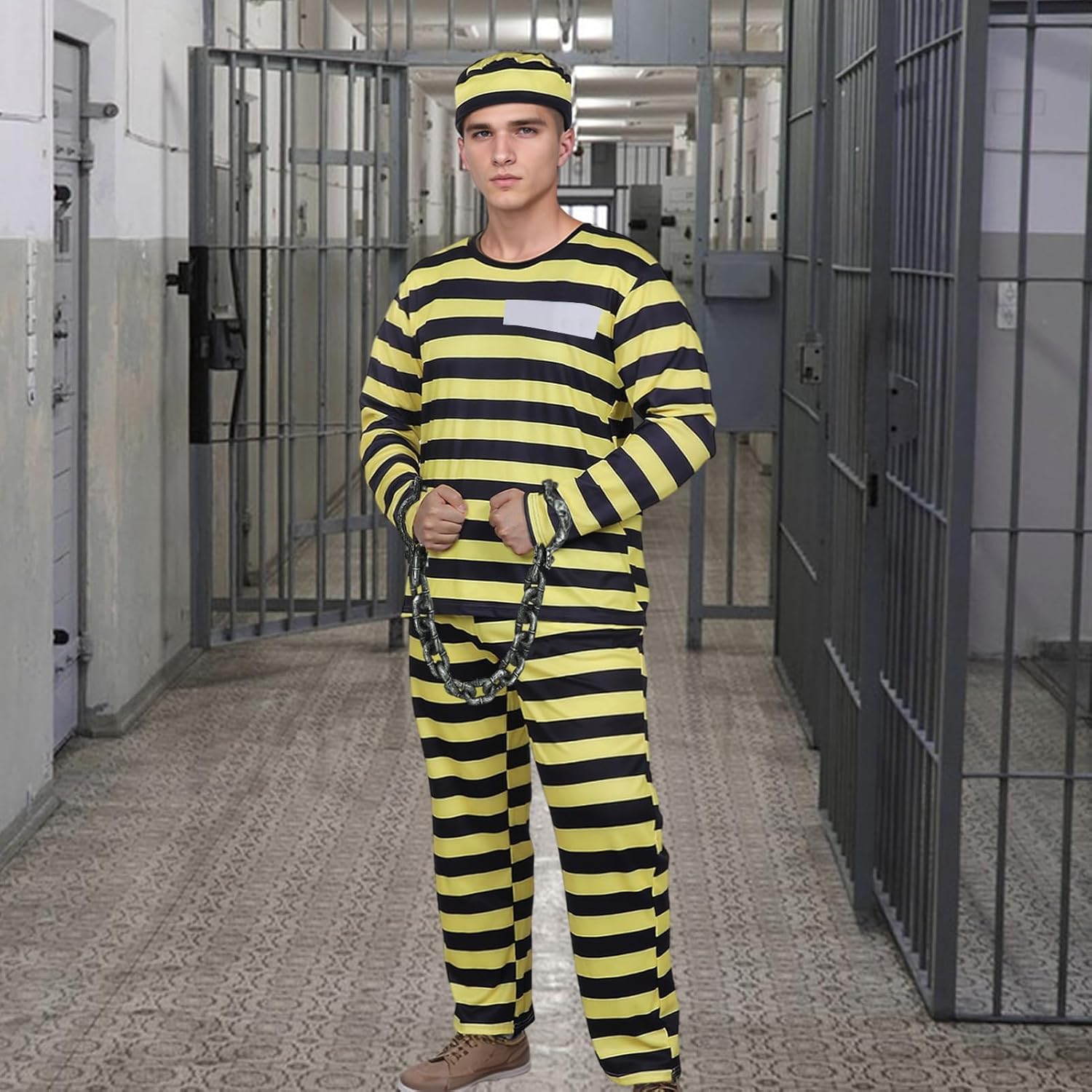 Orange Prisoner Jumpsuit Adult Costume with Hat and Handcuffs