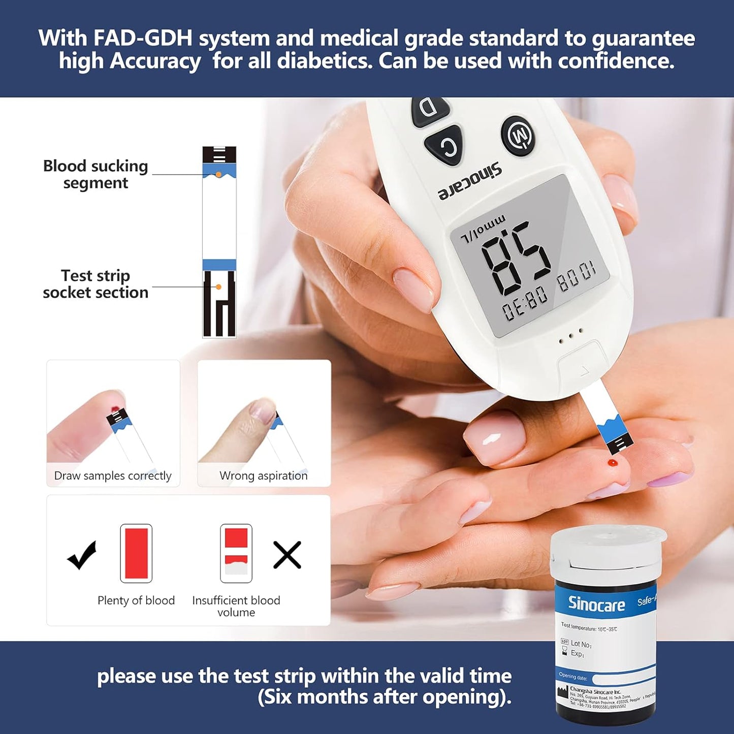 Sinocare Safe Accu Blood Glucose Monitor Kit with 50 Strips