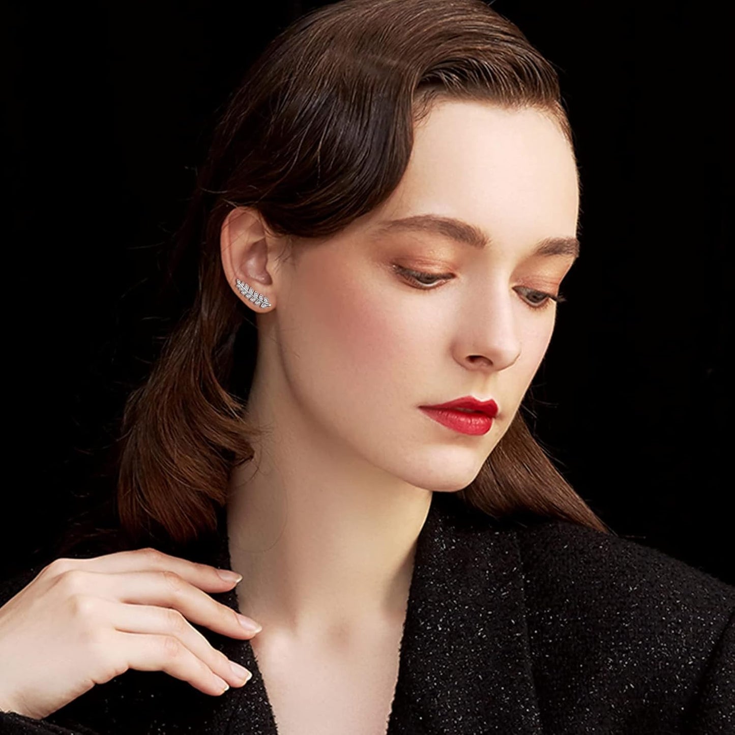 CASSIECA 6 Pairs Leaf Earring Cuff Ear Climber Cubic Zirconia Stud for Women Girls Butterfly Star CZ Ear Vine Wrap Stud Earring