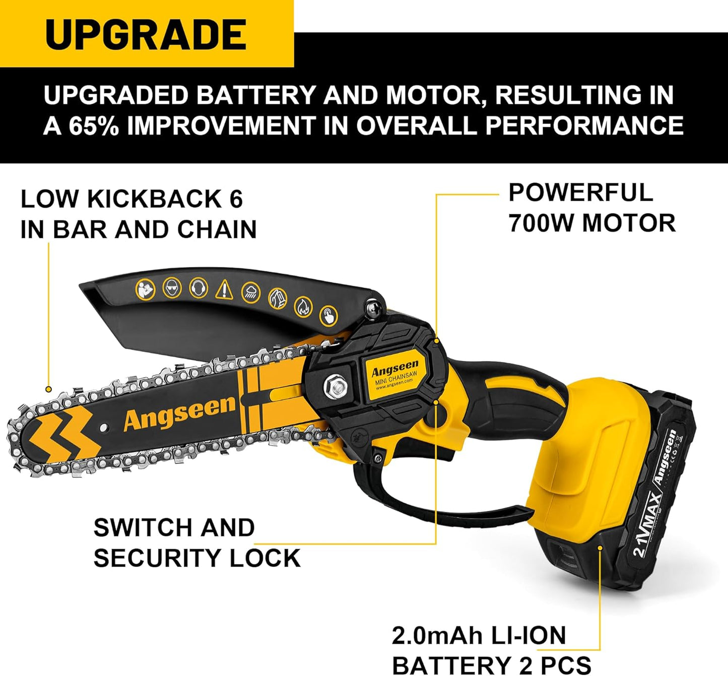 Angseen 6‑Inch Cordless Mini Chainsaw with 2 Batteries