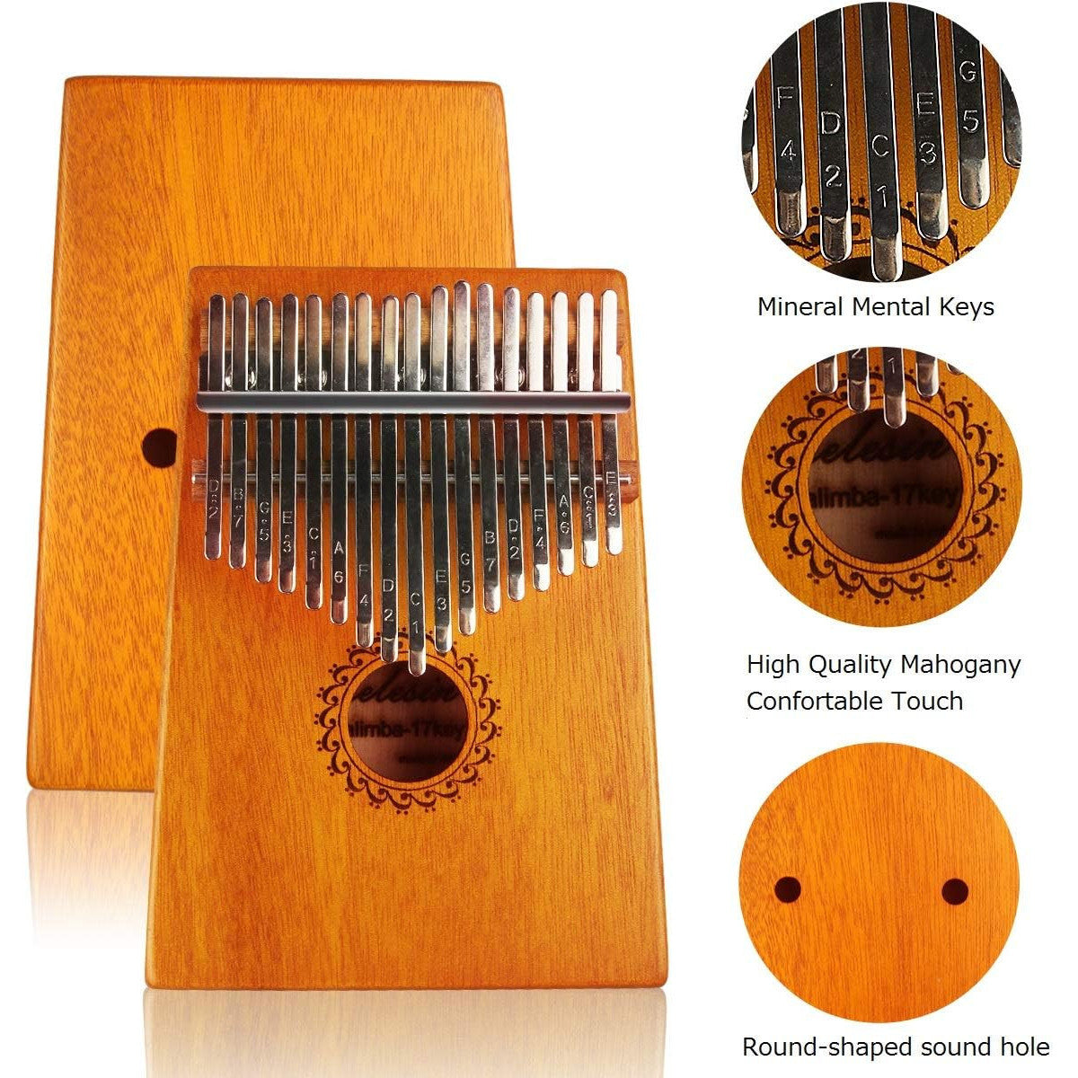 17 Key Thumb Piano Mahogany Wood, Portable Mbira Finger Piano