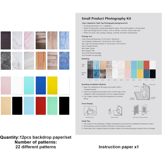 Meking 12-Piece 22-Pattern Small Product Photography Backdrop Kit with Bag