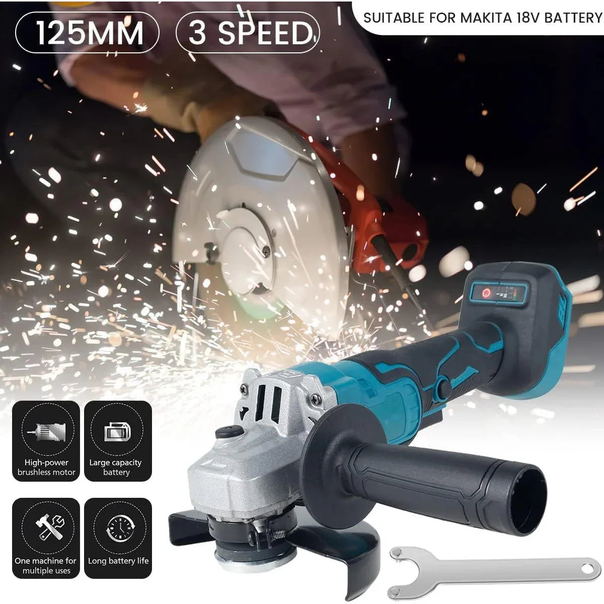 18V Cordless Brushless 125mm Angle Grinder with 3-Speed Variable Kit - Gomix Brands Outlet