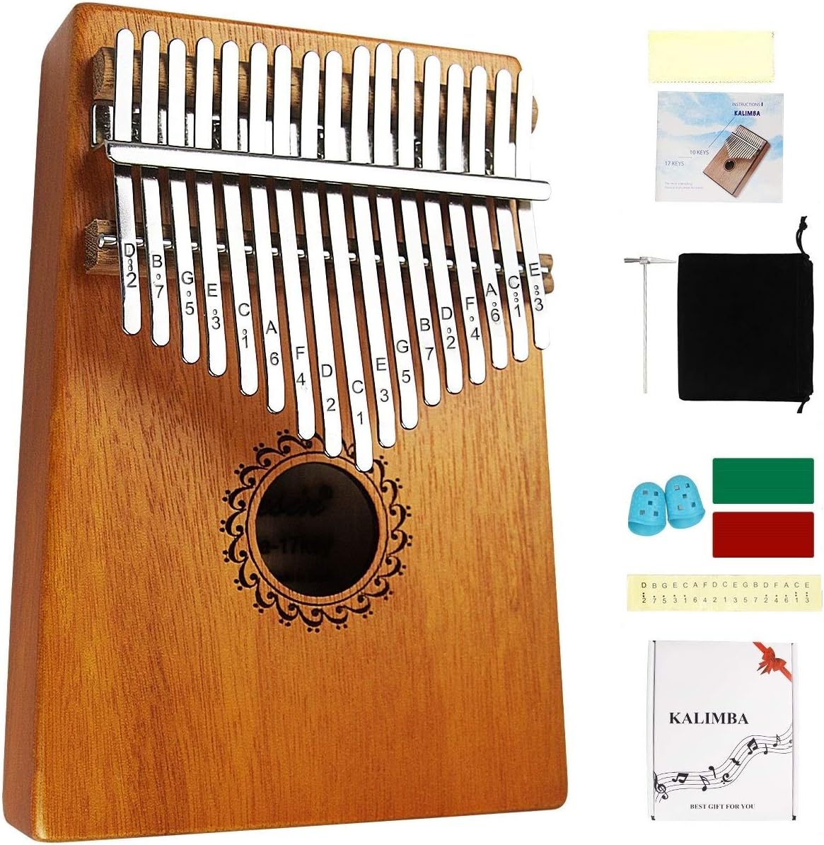 17 Key Thumb Piano Mahogany Wood, Portable Mbira Finger Piano