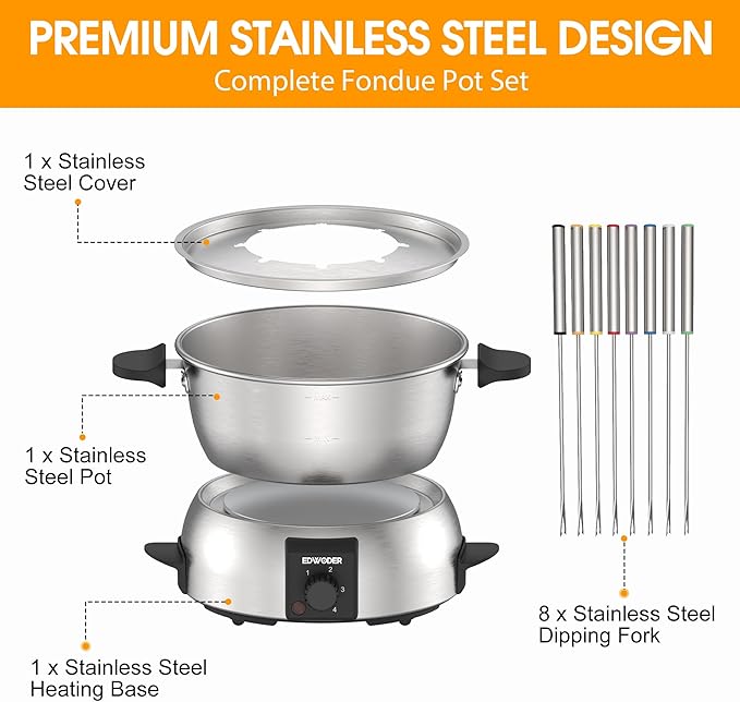 Complete fondue pot set with stainless steel cover, pot, heating base, and dipping forks on a white background.