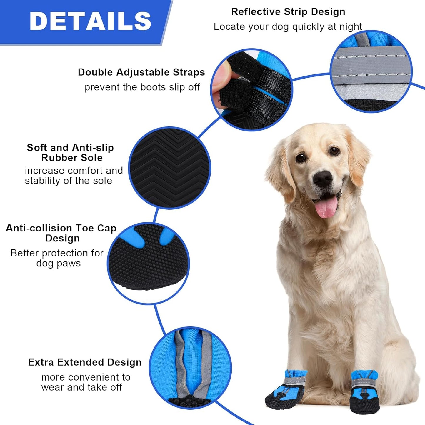 QKURT Waterproof Dog Boots with Reflective Straps for All Sizes
