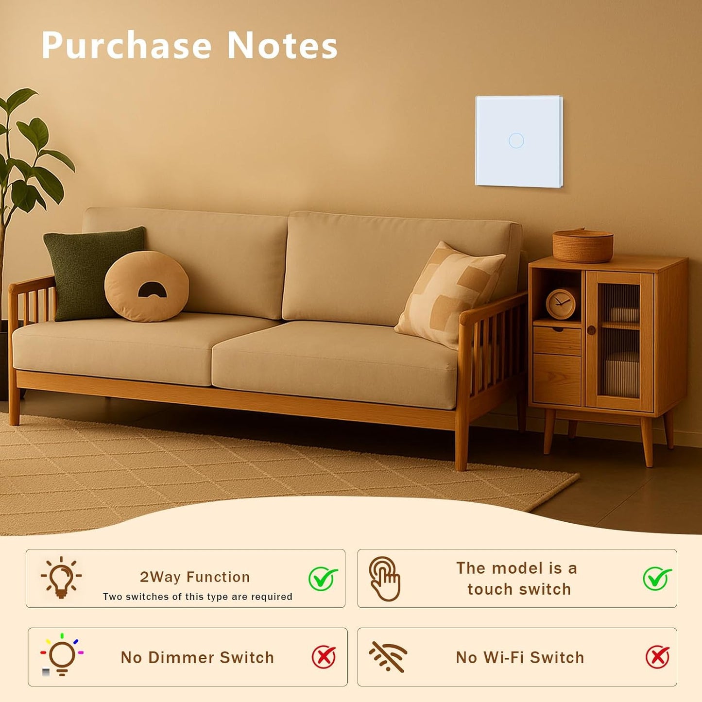 TAWOIA Smart Touch Light Switch: 2-Way Wall Switch with LED Backlight