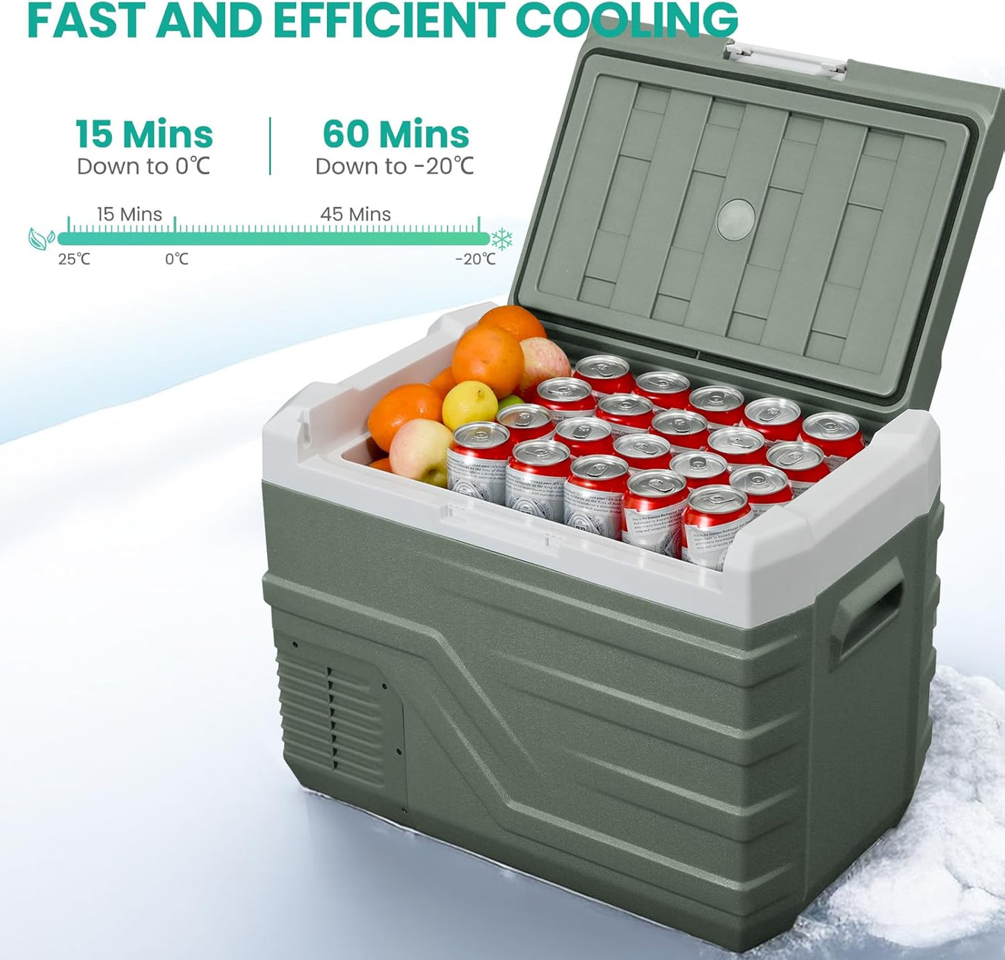 Portable cooler with drinks and fruits on a white background