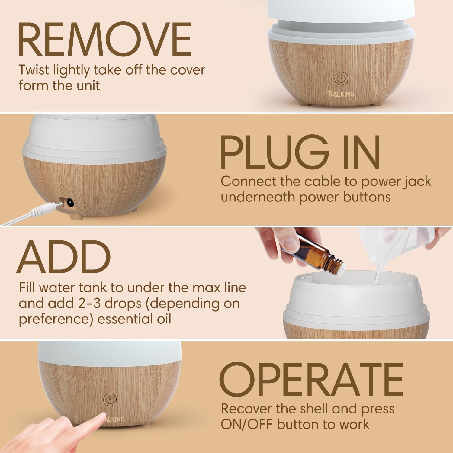SALKING 100ml Ultrasonic Essential Oil Diffuser with LED Night Light
