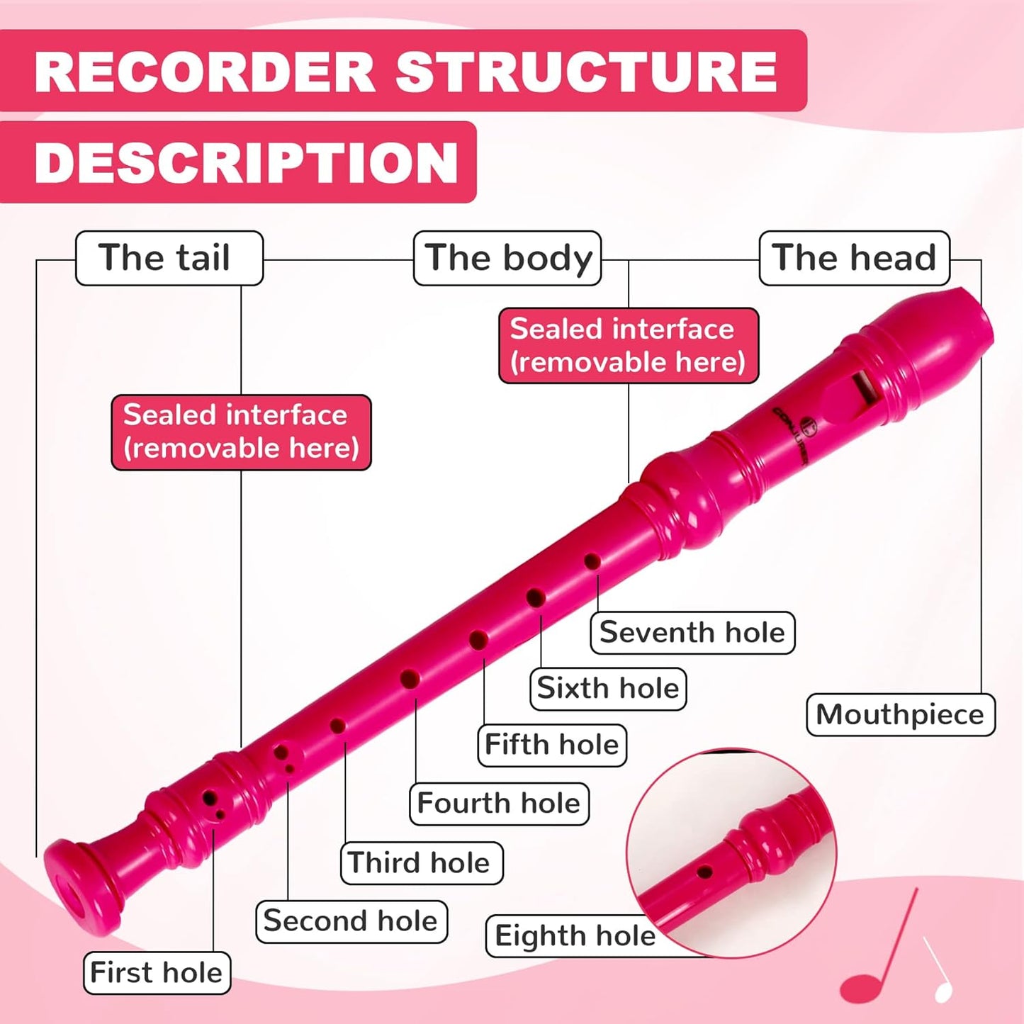 CONJURER Pink Soprano Recorder 8-Hole German Fingering for Children