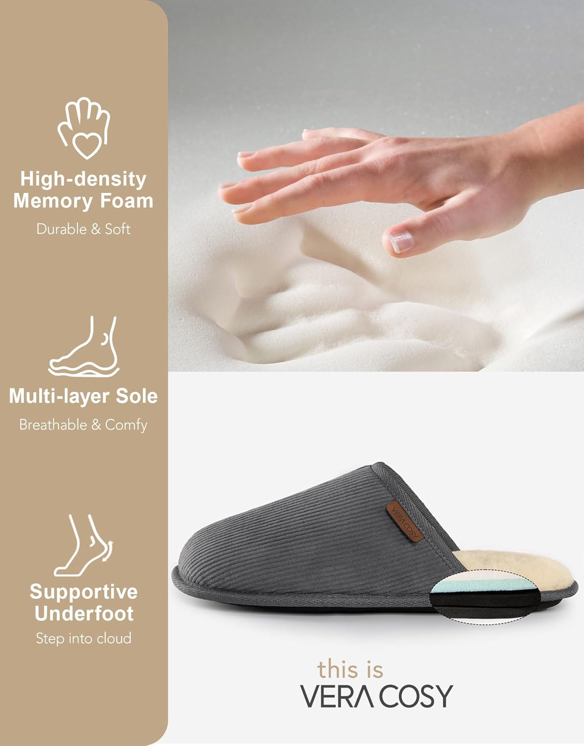 VeraCosy Men's Comfy Corduroy Memory Foam Scuff Slippers with Faux Shearling