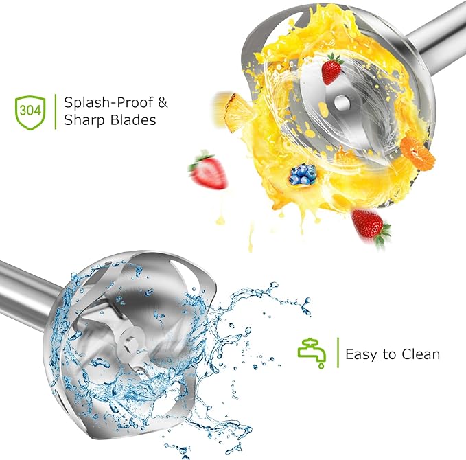 Juicer with splash-proof design, sharp blades, and easy-to-clean features.