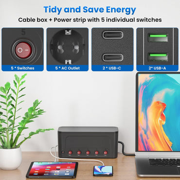 HoniHom Black Cable Box with 5 Switchable Outlets & USB