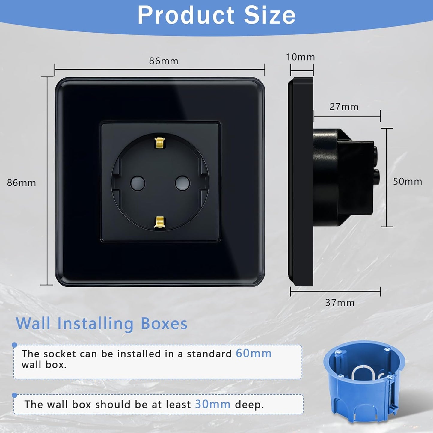 TAWOIA Premium Schuko Socket: EU Standard Single Flush-Mounted Wall Outlet with Elegant Curved Glass Plate