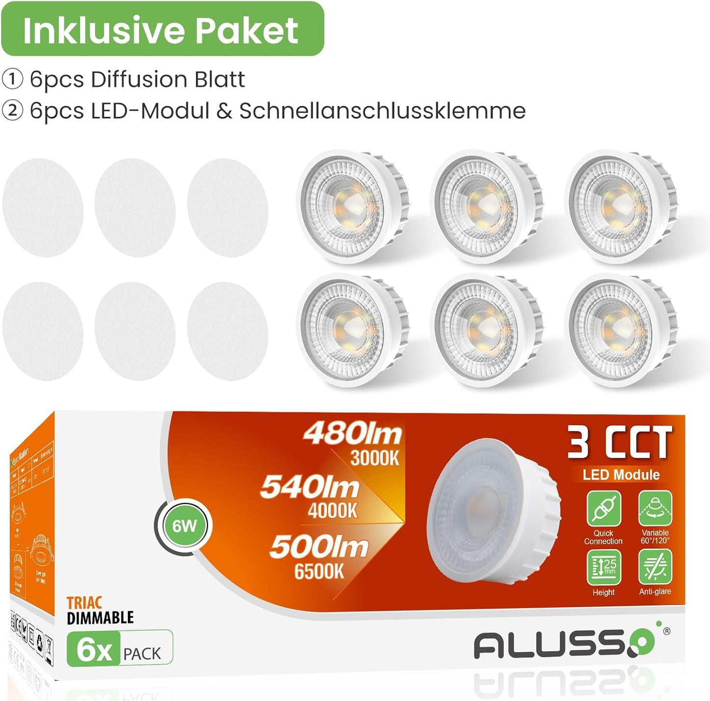ALUSSO 6W LED Module for Recessed Spotlights - Dimmable, IP44 Waterproof
