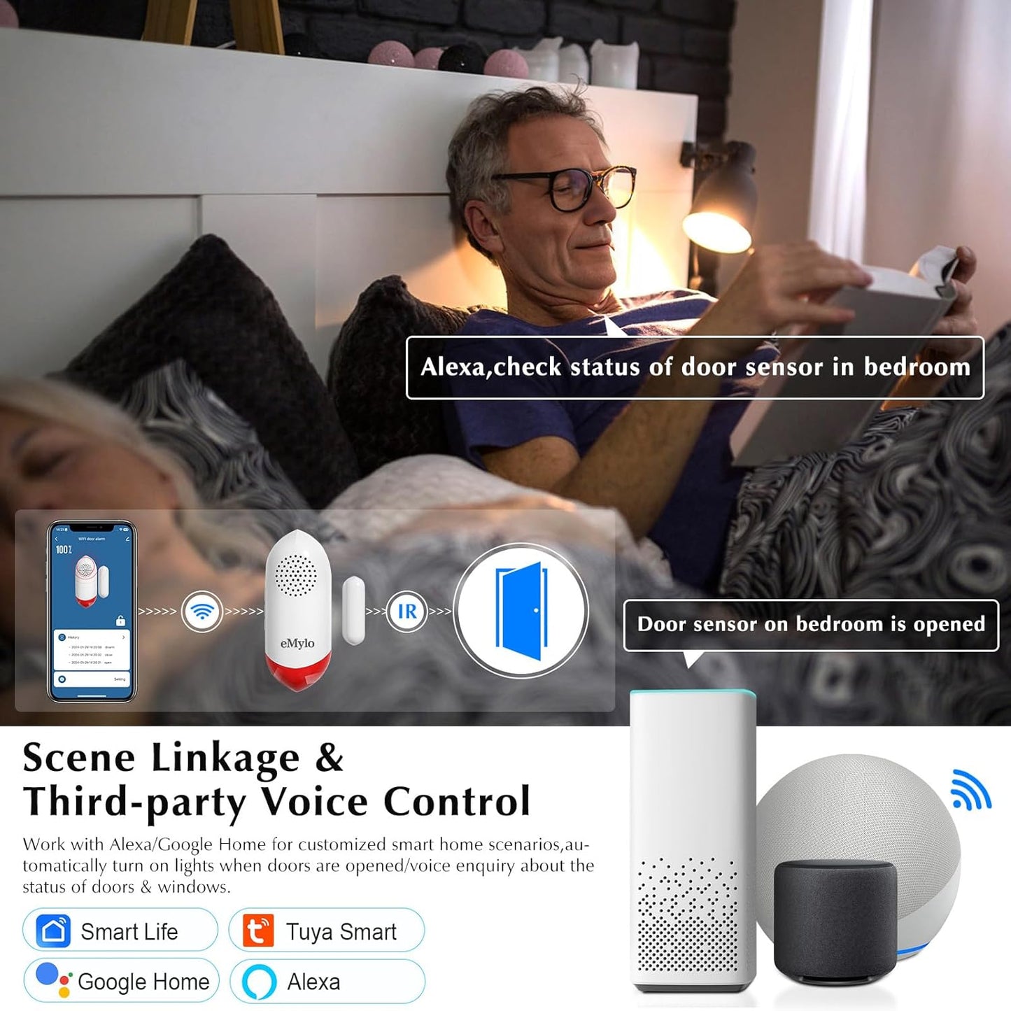 eMylo 120dB WiFi Door Alarm Sensor with Light, Smart Home Security
