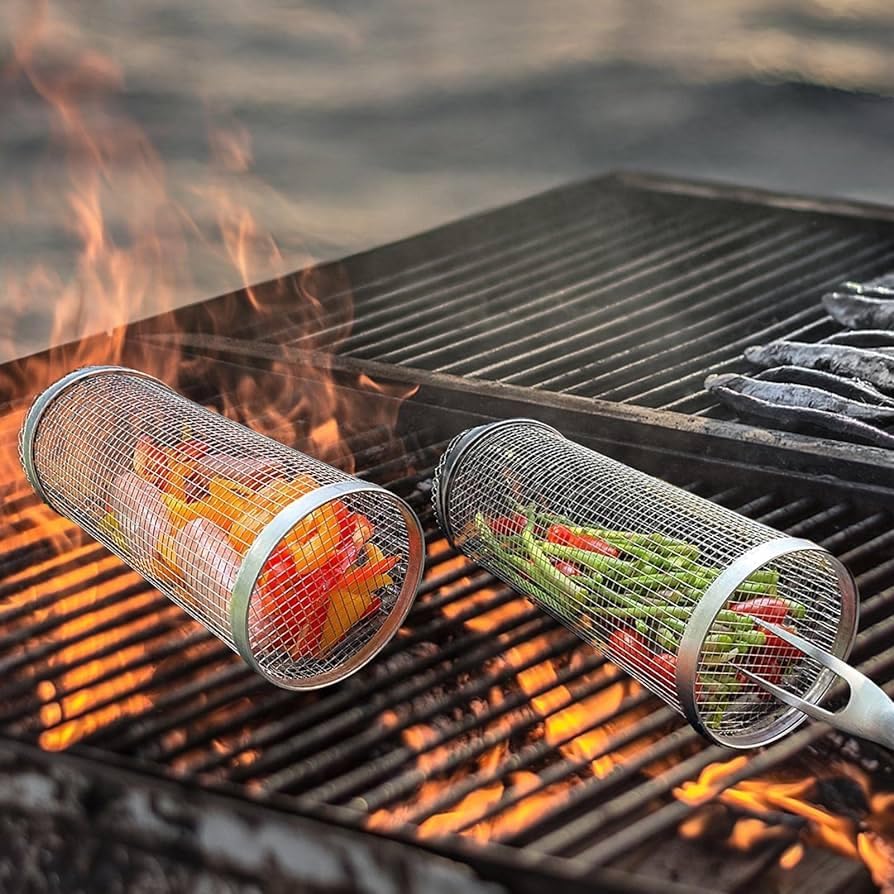 Stainless Steel Rolling Grill Basket for Outdoor Cooking, Multi-Functional