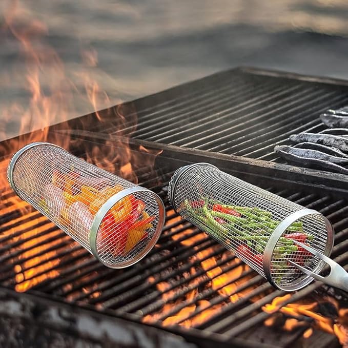 Stainless Steel Rolling Grill Basket for Outdoor Cooking, Multi-Functional