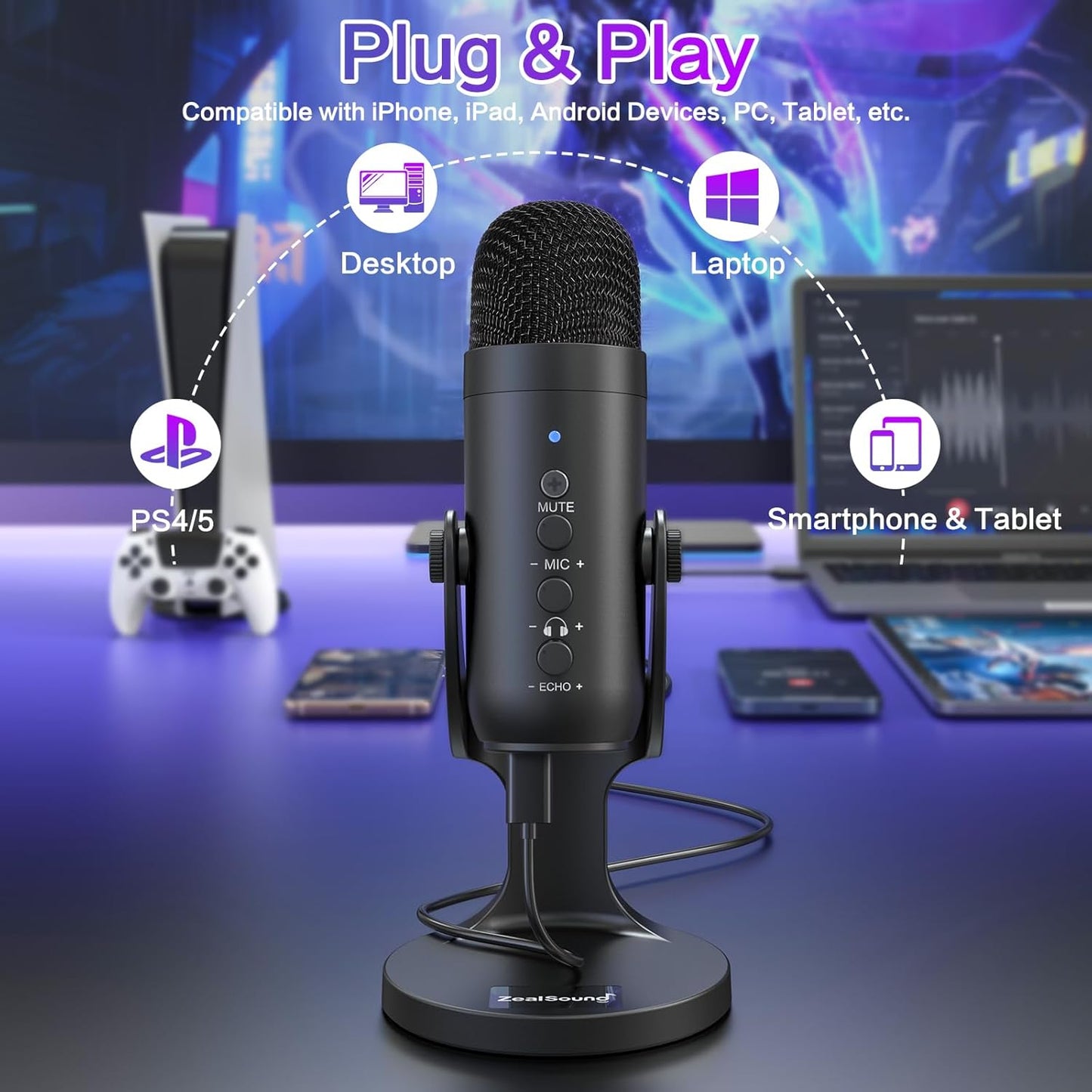 ZealSound K66 USB Condenser Microphone with Adjustable Gain, 360° Rotatable