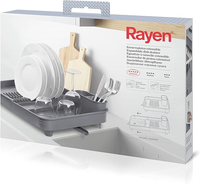Rayen Grey Extendable Dish Drainer with Adjustable Nozzle, 36x51 cm