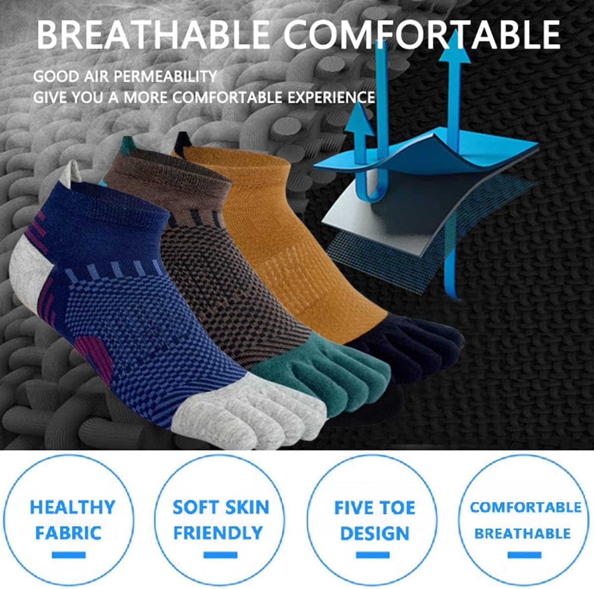 Kevaler Men's Five-Finger Cotton Athletic Toe Socks, 5 Pair
