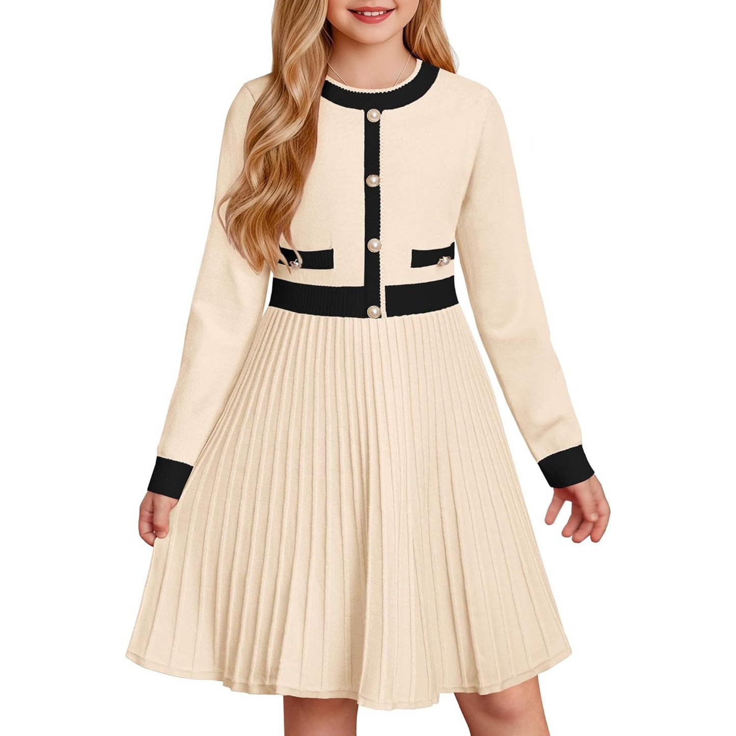 Grace Karin Girls Knit Sweater Dress with Contrasting Trim