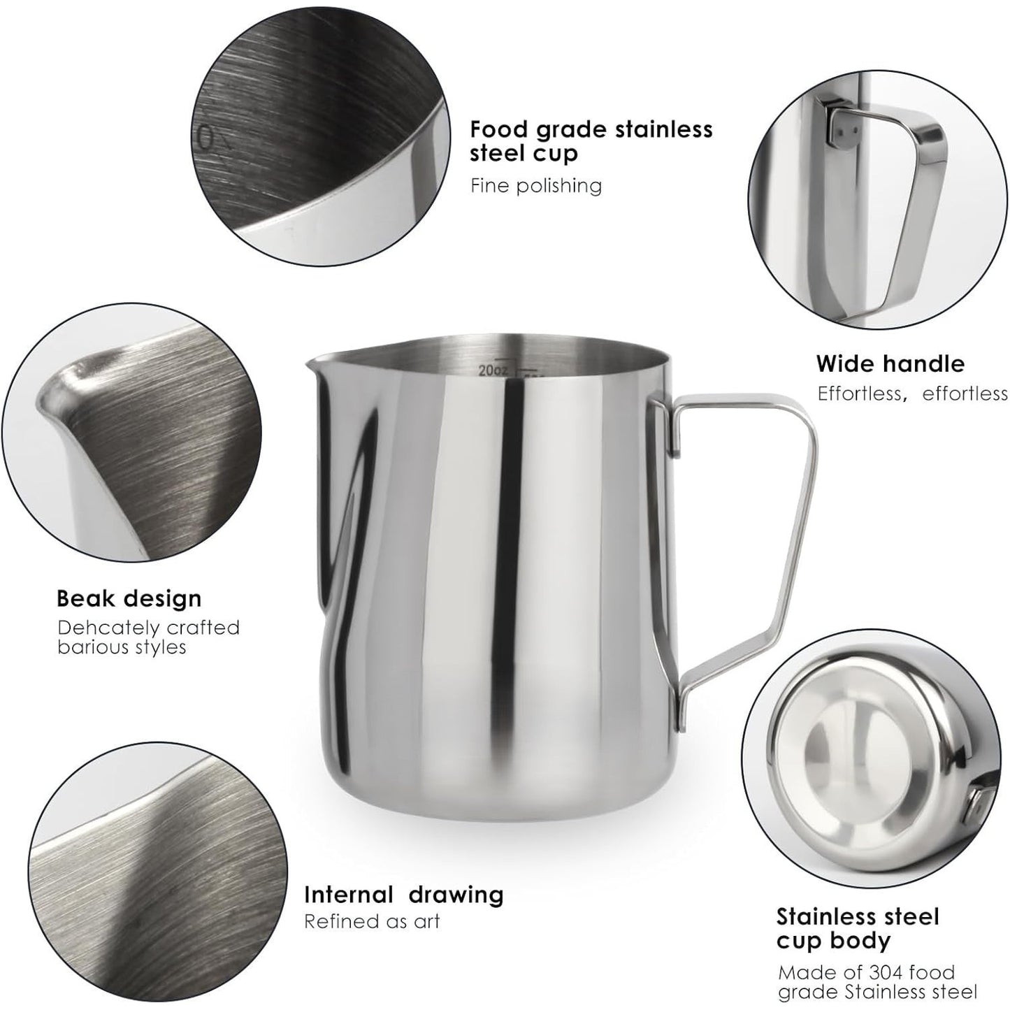 Stainless steel cup with beak design, wide handle, and food grade material on a white background.